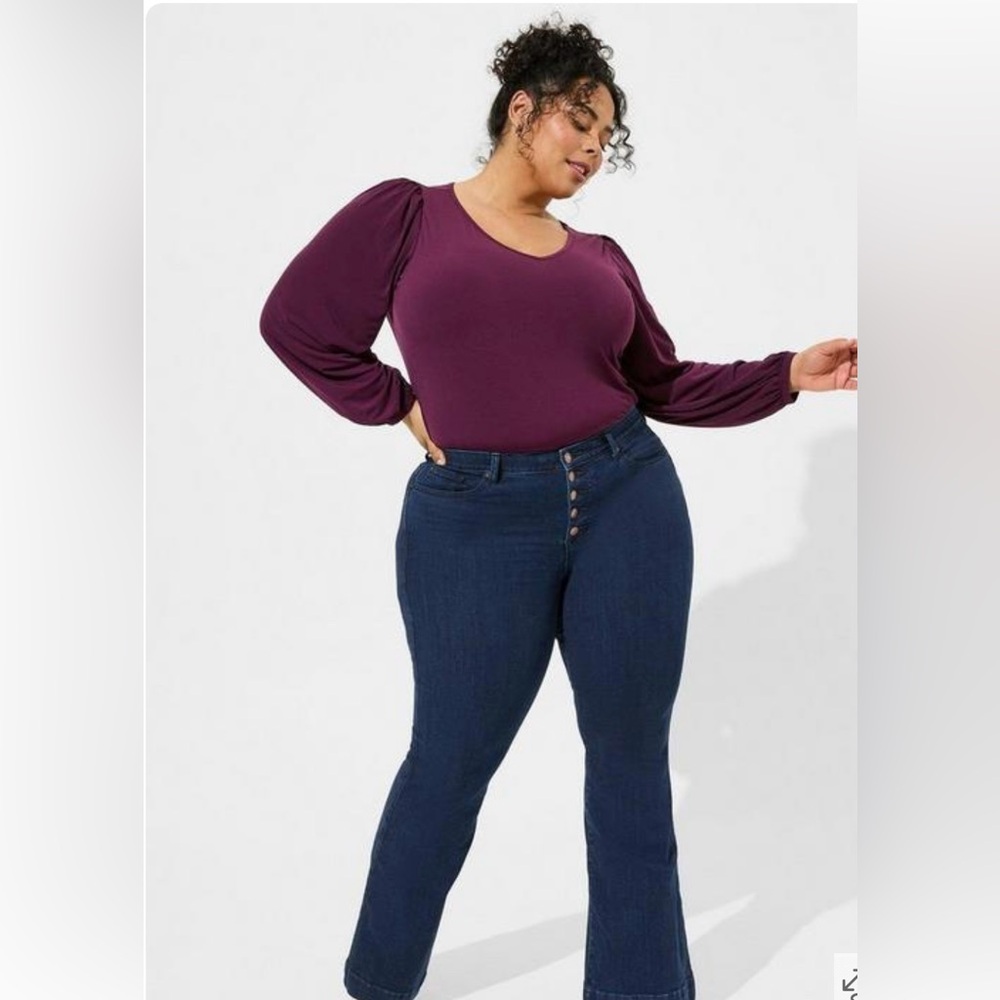 Purple Studio Knit V-Neck Puff Long Sleeve Top - Torrid - 4X - 26W